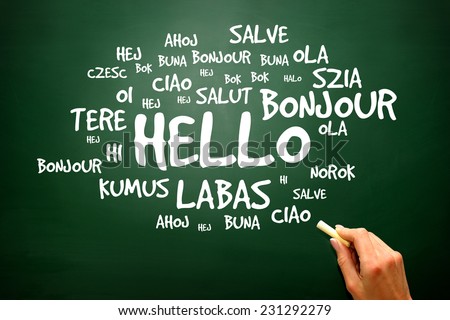 Word hello in different languages on blackboard, presentation background