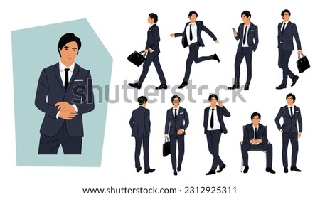 Set of Businessman character in different poses. Handsome young asian man wearing formal suit standing, walking, with phone, briefcase front, back, side view. Vector realistic illustration isolated Royalty-Free Stock Photo #2312925311