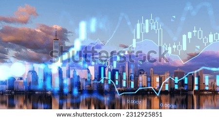 View of magnificent city skyline with double exposure of financial charts. Concept of stock market and exchange and investment Royalty-Free Stock Photo #2312925851