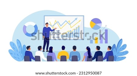 Business Training, Coaching and Education. Mentor Presenting Charts, Diagrams and Reports before Audience. Coach Speaking before Business People at Conference, Lecture. Employees Meeting at Seminar Royalty-Free Stock Photo #2312950087