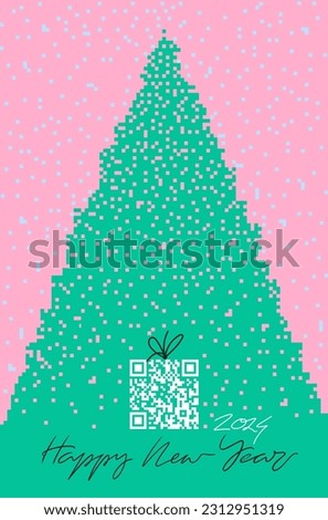 Happy New Year 2024. Pixelated christmas tree with qr code text Merry Christmas Happy New Year for poster, card, web, banner, template, flyer, cover and media post. Vector Christmas decoration symbols