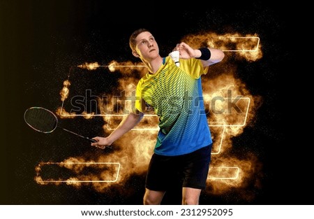 Badminton player in neon lights. Download a photo of a Badminton player for a racket packaging design. Image for Badminton box template.