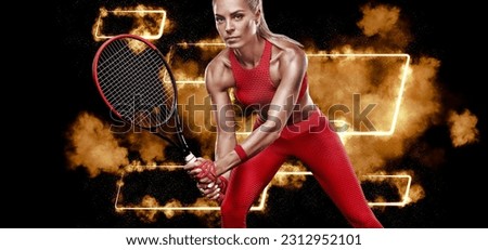 Tennis player banner with yellow neon lights. Template for bookmaker ads with copy space. Mockup for betting advertisement. Sports betting, tenis betting, gambling, bookmaker, big win