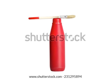 Full of red paint tin and paint brush on it, isolated on white background