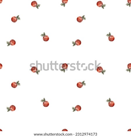 Seamless pattern of fresh red apples with green leaves. Food texture. Repeating red, juicy apples whole. Watercolor Illustration fruit for juice pack, tablecloth, cover, apron, apple picking or food