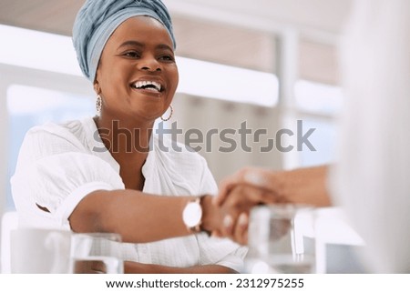 Business woman, handshake and clients in meeting in recruitment welcome, introduction and agreement or success. African people shaking hands for career thank you, hiring interview or partnership deal Royalty-Free Stock Photo #2312975255