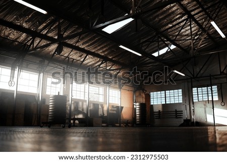 Empty gym, fitness or floor space for training hall in open room or health studio for exercise or workout. Interior, background or clean facility building for athletic sports or athletics development Royalty-Free Stock Photo #2312975503