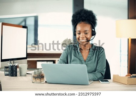 Business, call center and black woman with a laptop, customer service and help with headphones. Female person, agent or employee with a pc, technology and tech support with advice, consulting and crm Royalty-Free Stock Photo #2312975597