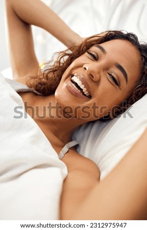 Happy, smile and selfie with woman in bed for morning, social media and blog network. Happiness, relax and wake up with portrait of female person in bedroom of home for online, vlog and picture