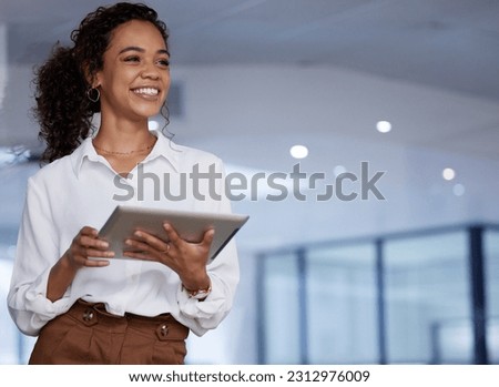 Smile, woman in office with tablet and mockup, thinking and planning online schedule, business and search. Happy businesswoman in workplace, digital app and mock up space with startup website info.