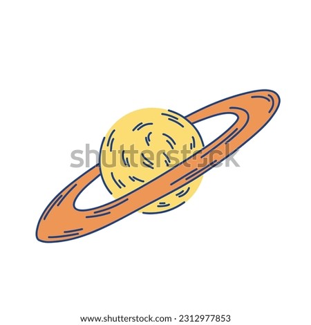 Illustration of yellow planet with orange ring in doodle style isolated on white