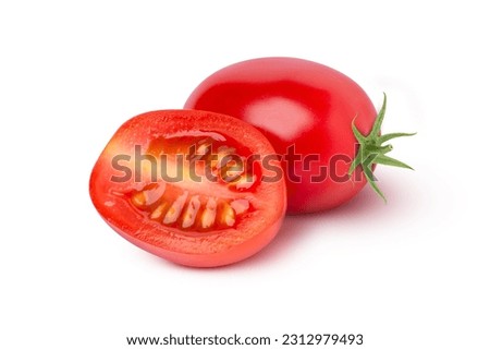 Fresh red cherry tomatoes with half sliced isolated on white background with clipping path. Royalty-Free Stock Photo #2312979493