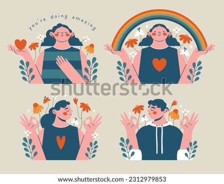 Mental health support concept. Set of cute clip arts with women, man, okay gesture, rainbow, text, flowers, heart. Modern pesons, who holding rainbow and show okay gest. Psychological health support.