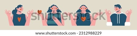 Modern abstract persons. Man, women, who showing OK gesture, holding heart in hand, spreading hands, holding chest with hand. Mental health support concept. Flat comic clip arts. Funny quirky people.