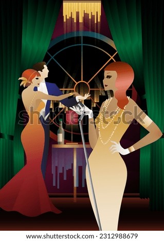 Singer and couple of people dancing in vintage costumes. Retro party in the style of the 1920-1930s. Vector illustration.