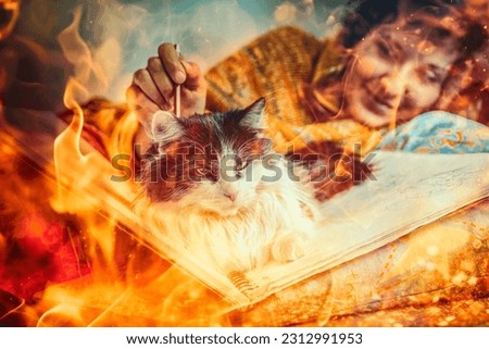 Serene woman on a bed with a black and white cat sitting on a skycar. Fire effect.