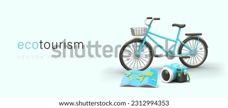 Advertising poster, ecotourism. Template with 3D bicycle, map, camera. Promotion of healthy lifestyle. Template for tour operators, guides. Selection of optimal routes, parking lots, locations