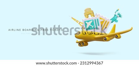 Airline boarding pass tickets. 3D plane with sights of different countries. Poster with place for text. Template for web design. Advertising of air flights, transport services, booking Royalty-Free Stock Photo #2312994367