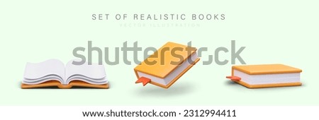 Set of realistic 3d books with orange cover in different positions. Poster with products for book online store concept. Colorful vector illustration in cartoon style with green background
