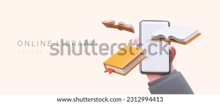Electronic books in phone. 3D male hand holding smartphone, books flying around. User selects books in online library. Entertaining and educational literature for people of all ages