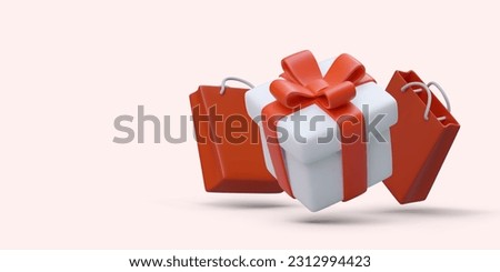 Party time. 3D gift and paper bags. Surprises and bonuses for buyers. Holiday cover template. Promotional banner on colored background. Holiday is coming. Give away Royalty-Free Stock Photo #2312994423