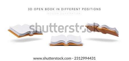 3D open book in different positions on white background. Set of book icons, side, top, bottom view. Educational literature. Tome with blank pages. Vector image in cartoon style