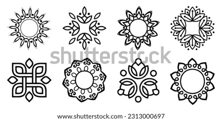 Set of black flower ornament icons. Black abstract geometric ornament collection Royalty-Free Stock Photo #2313000697