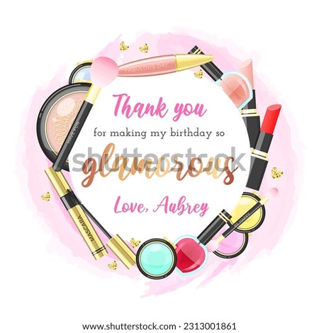 Birthday Thank you tag. Beautiful spa party favor card background decorated with makeup products. Vector illustration 10 EPS. Royalty-Free Stock Photo #2313001861