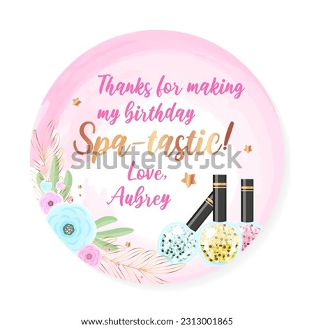 Birthday Thank you tag. Beautiful spa party favor card background decorated with makeup products. Vector illustration 10 EPS. Royalty-Free Stock Photo #2313001865