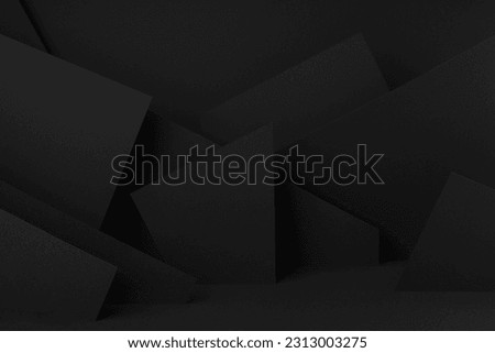Rich black stage mockup with abstract geometric pattern of angles,  polygonal shapes and triangles as relief for presentation cosmetic products, goods, advertising, design in elegant futuristic style.