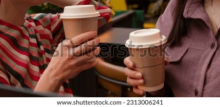Two women drinking coffee in cafe, friends meeting, colleagues appointment, job interview banner