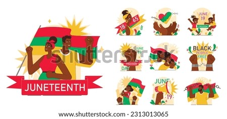 Juneteenth set. Independence and emancipation day of black people in USA. Annual holiday, celebrating freedom of african-americans. Flat vector illustration