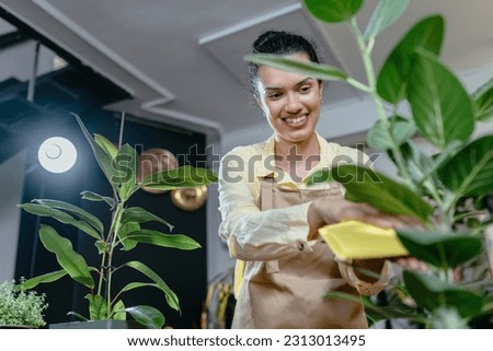 Bottom view of happy african american female wearing apron working and caring about ficus bengal plant in pot. Hobbies and leisure concept.