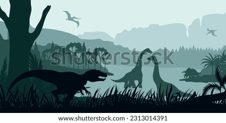 Prehistoric landscape with dinosaurs. Dino silhouette. Gigantic reptiles scene. Jurassic wildlife background. Ancient forest Royalty-Free Stock Photo #2313014391