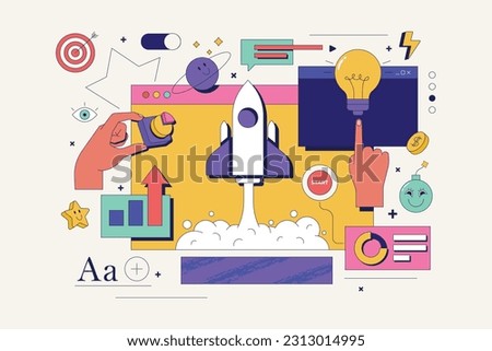 Startup project web concept with hand character scene. Man generates ideas for launches new business, investment and developing. Vector illustration for marketing material. Royalty-Free Stock Photo #2313014995