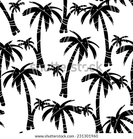 Exotic seamless pattern with silhouettes tropical coconut palm trees. Forest, jungle. Abstract nature hand drawn background texture. Cloth art design