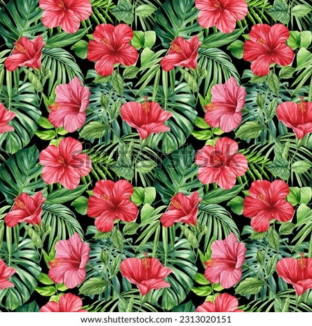Tropical flowers and palm leaves. red hibiscus. Exotic jungle wallpaper. Watercolor botanical seamless pattern