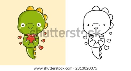 Kawaii Dinosaur Illustration and For Coloring Page. Funny Kawaii Dino. Vector Illustration of a Kawaii Animal for Stickers, Baby Shower, Coloring Pages, Prints for Clothes.
