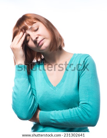 A woman with a headache holding head, isolated on white background