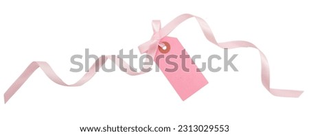 Blank price tag isolated on transparent background. Pastel pink color empty gift card and ribbon bow, 