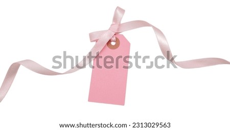 Blank price tag isolated on transparent background. Pastel pink color empty gift card and ribbon bow, 