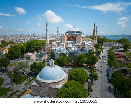 Hagia Sophia aerial view in Sultanahmet in historic city of Istanbul, Turkey. Historic Areas of Istanbul is a UNESCO World Heritage Site since 1985.  Royalty-Free Stock Photo #2313030563