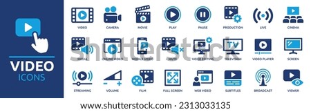 Video icon set. Containing camera, play, pause, media, online video, live, production, player, movie and cinema icons. Solid icon collection. Royalty-Free Stock Photo #2313033135