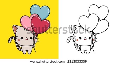 Kawaii Kitten Clipart Multicolored and Black and White. Cute Kawaii Cat. Vector Illustration of a Kawaii Animal for Stickers, Prints for Clothes, Baby Shower, Coloring Pages.
