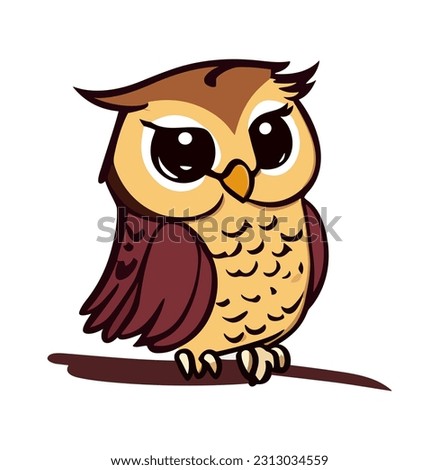 Cute funny cartoon owl sitting on branch. Forest bird or animal character. Decorative and style toy, doll. Children's vector illustration for print or sticker isolated on White background
