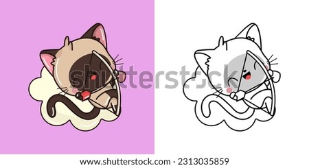 Set Siamese Cat Coloring Page and Colored Illustration. Clip Art Kawaii Cat. Vector Illustration of a Kawaii Animal for Coloring Pages, Prints for Clothes, Stickers, Baby Shower.
