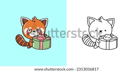 Set Clipart Red Panda Multicolored and Black and White. Kawaii Clip Art Bear. Vector Illustration of a Kawaii Animal for Prints for Clothes, Stickers, Baby Shower, Coloring Pages.
