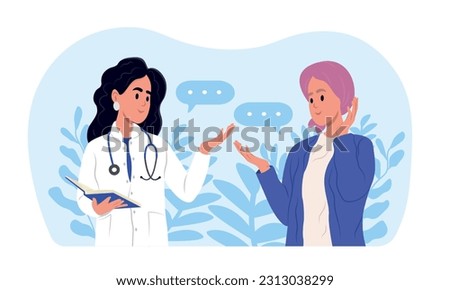 A young smiling female doctor is talking to a woman with cancer in a scarf. International Cancer Survivors Day. The woman is recovering from chemotherapy, a survivor. Royalty-Free Stock Photo #2313038299
