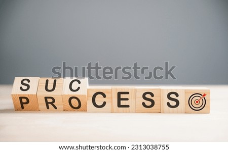 Wooden cube block depicting the journey to success, as it flips over the word process on a wood table. The concept of change and betterment captured on a grey background.