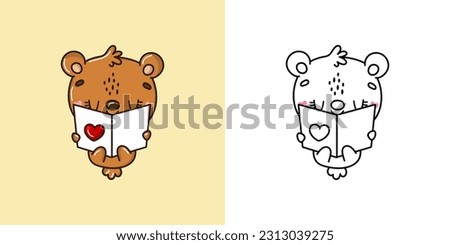 Clipart Brown Bear and Black and White Illustration. Cute Clip Art Bear. Vector Illustration of a Kawaii Animal for Stickers, Baby Shower, Coloring Pages, Prints for Clothes.
